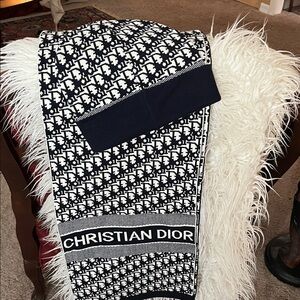 Dior Navy  & White Monogram Christian Dior Scarf and Hat 2 piece set